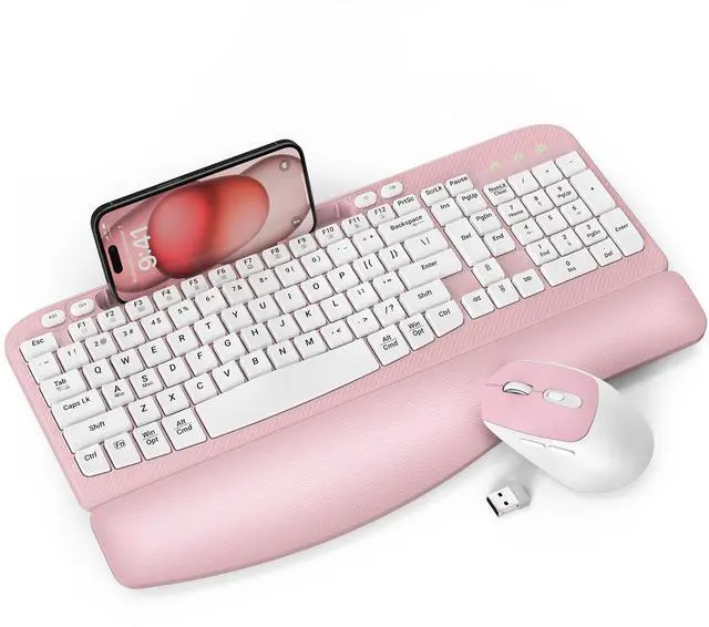 Main image of Wireless Keyboard and Mouse Combo, Full-Sized Ergonomic Wave Keys Keyboard with Memory Foam Wrist Rest & Phone Holder, 2.4G Quiet Keyboard Mouse Work Setup for PC Laptop, Office or Home (Pink)