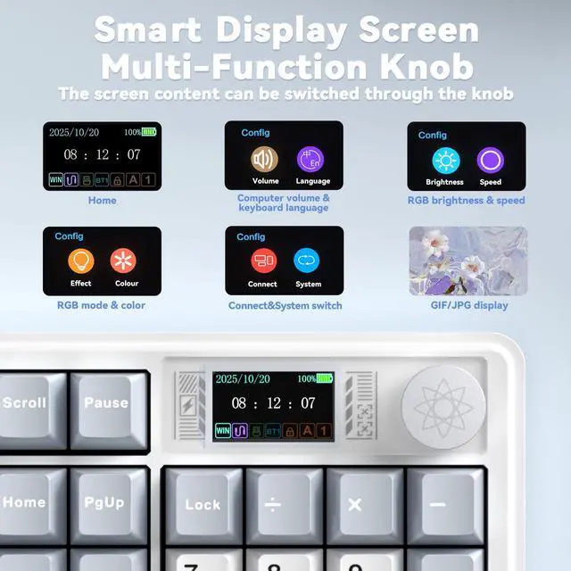 Alt view image 4 of 7 - K108 Pro Wireless Mechanical Keyboard with Screen & Knob, Full Size Creamy Keyboard with Number Pad, 10000mAh Battery, PBT Keycaps, RGB Backlit, Hot-swappable Gaming Keyboards