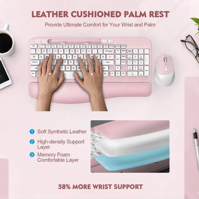 Alt view image 2 of 7 - Wireless Keyboard and Mouse Combo, Full-Sized Ergonomic Wave Keys Keyboard with Memory Foam Wrist Rest & Phone Holder, 2.4G Quiet Keyboard Mouse Work Setup for PC Laptop, Office or Home (Pink)