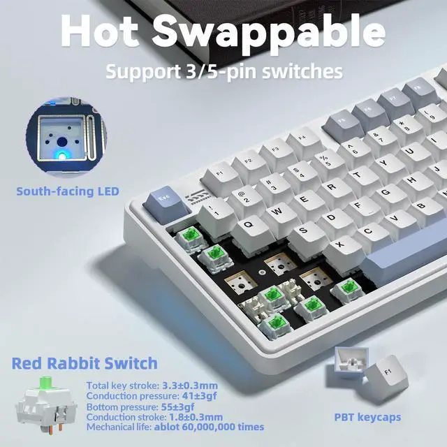 Alt view image 5 of 7 - K108 Pro Wireless Mechanical Keyboard with Screen & Knob, Full Size Creamy Keyboard with Number Pad, 10000mAh Battery, PBT Keycaps, RGB Backlit, Hot-swappable Gaming Keyboards