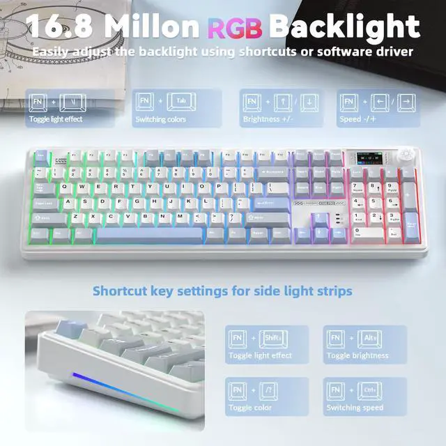 Alt view image 6 of 7 - K108 Pro Wireless Mechanical Keyboard with Screen & Knob, Full Size Creamy Keyboard with Number Pad, 10000mAh Battery, PBT Keycaps, RGB Backlit, Hot-swappable Gaming Keyboards