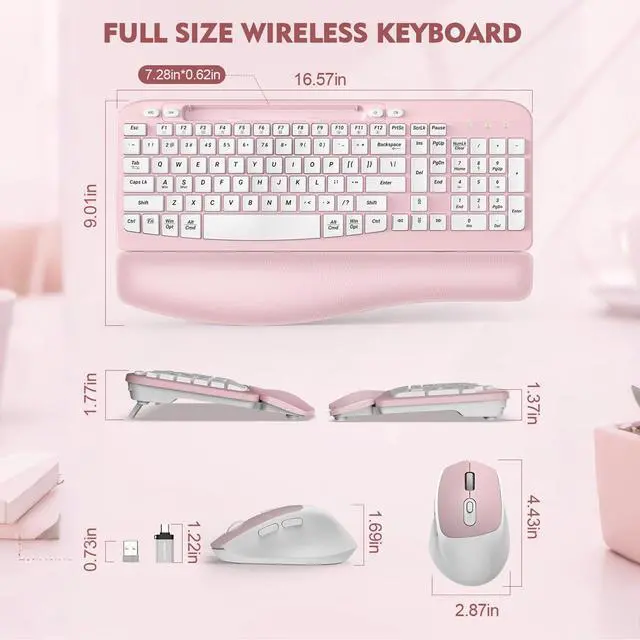 Alt view image 3 of 7 - Wireless Keyboard and Mouse Combo, Full-Sized Ergonomic Wave Keys Keyboard with Memory Foam Wrist Rest & Phone Holder, 2.4G Quiet Keyboard Mouse Work Setup for PC Laptop, Office or Home (Pink)