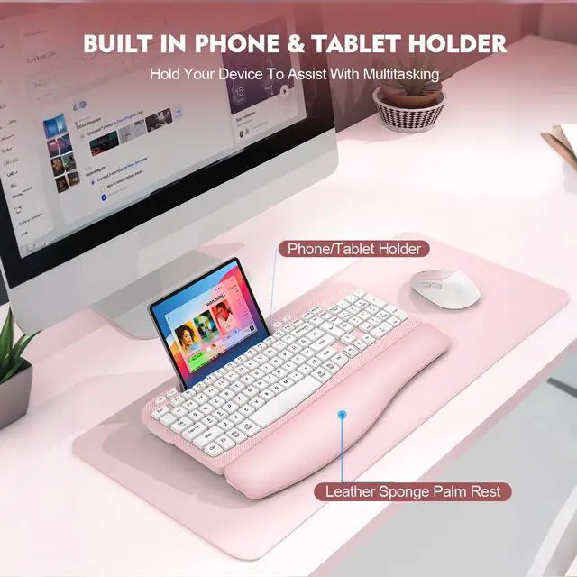 Alt view image 5 of 7 - Wireless Keyboard and Mouse Combo, Full-Sized Ergonomic Wave Keys Keyboard with Memory Foam Wrist Rest & Phone Holder, 2.4G Quiet Keyboard Mouse Work Setup for PC Laptop, Office or Home (Pink)