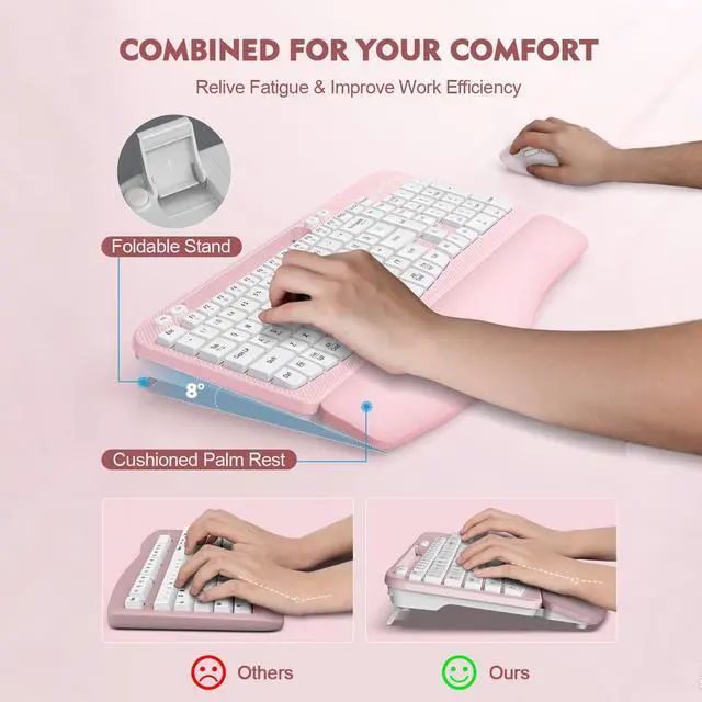 Alt view image 4 of 7 - Wireless Keyboard and Mouse Combo, Full-Sized Ergonomic Wave Keys Keyboard with Memory Foam Wrist Rest & Phone Holder, 2.4G Quiet Keyboard Mouse Work Setup for PC Laptop, Office or Home (Pink)