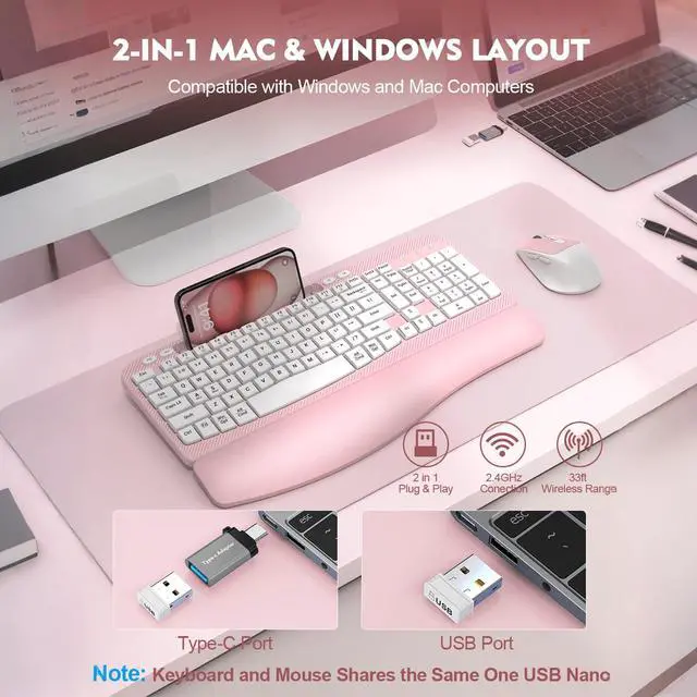 Alt view image 6 of 7 - Wireless Keyboard and Mouse Combo, Full-Sized Ergonomic Wave Keys Keyboard with Memory Foam Wrist Rest & Phone Holder, 2.4G Quiet Keyboard Mouse Work Setup for PC Laptop, Office or Home (Pink)