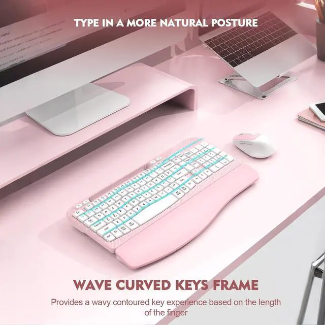 Alt view image 7 of 7 - Wireless Keyboard and Mouse Combo, Full-Sized Ergonomic Wave Keys Keyboard with Memory Foam Wrist Rest & Phone Holder, 2.4G Quiet Keyboard Mouse Work Setup for PC Laptop, Office or Home (Pink)