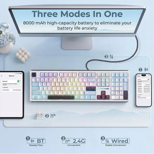 Alt view image 3 of 7 - K771 Wireless Mechanical Keyboard, 108-Key Gaming Keyboard with 4 Extra Hotkeys, 5-Layer Noise Dampening, Pre-lubed Linear Switches, Hot-swap Custom RGB Keyboard for PC/Mac - Blue&White