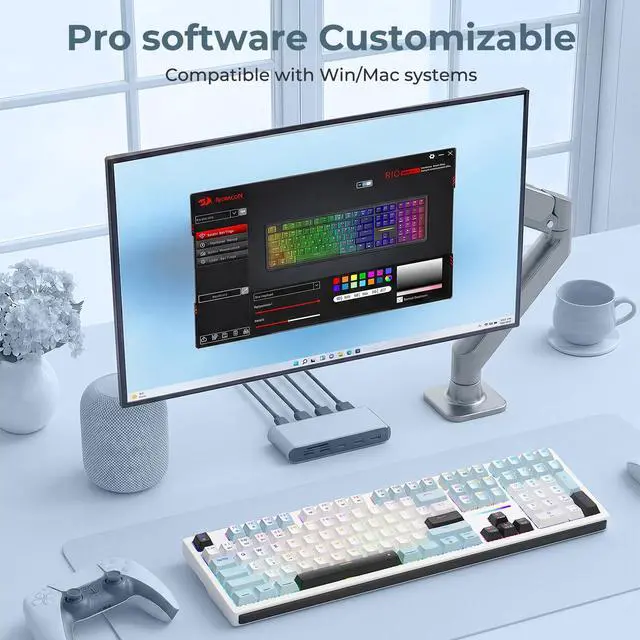 Alt view image 6 of 7 - K771 Wireless Mechanical Keyboard, 108-Key Gaming Keyboard with 4 Extra Hotkeys, 5-Layer Noise Dampening, Pre-lubed Linear Switches, Hot-swap Custom RGB Keyboard for PC/Mac - Blue&White