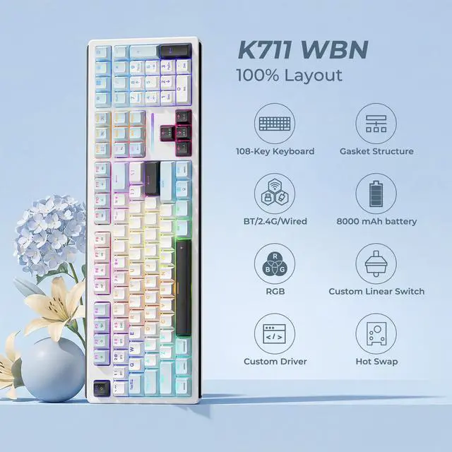 Alt view image 2 of 7 - K771 Wireless Mechanical Keyboard, 108-Key Gaming Keyboard with 4 Extra Hotkeys, 5-Layer Noise Dampening, Pre-lubed Linear Switches, Hot-swap Custom RGB Keyboard for PC/Mac - Blue&White