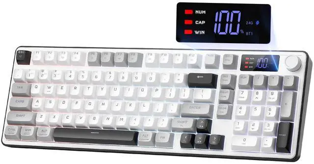 Main image of Wireless Gaming Keyboard, 98-Key Tri-Mode (BT/2.4G/Wired) RGB Computer Keyboard with Knob & Display, Fade-Resistant PBT Keycaps & 4000mAh Battery, Compatible with Windows/Mac - White Gray