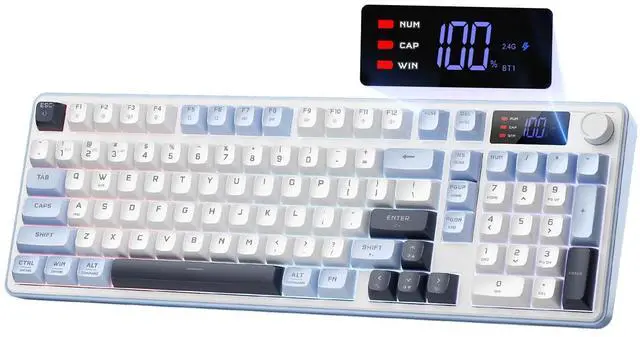 Main image of Wireless Gaming Keyboard, 98-Key Tri-Mode (BT/2.4G/Wired) RGB Computer Keyboard with Knob & Display, Fade-Resistant PBT Keycaps & 4000mAh Battery, Compatible with Windows/Mac - White Blue