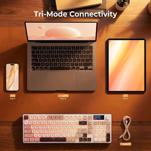 Alt view image 3 of 7 - Wireless Gaming Keyboard, 98-Key Tri-Mode (BT/2.4G/Wired) RGB Computer Keyboard with Knob & Display, Fade-Resistant PBT Keycaps & 4000mAh Battery, Compatible with Windows/Mac - White Gray