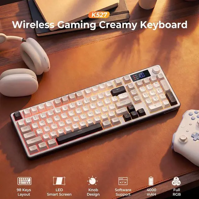 Alt view image 2 of 7 - Wireless Gaming Keyboard, 98-Key Tri-Mode (BT/2.4G/Wired) RGB Computer Keyboard with Knob & Display, Fade-Resistant PBT Keycaps & 4000mAh Battery, Compatible with Windows/Mac - White Gray