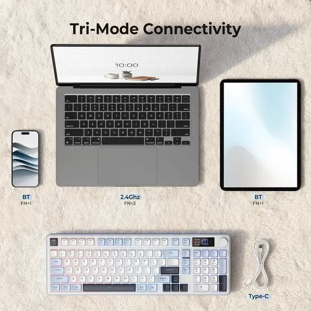 Alt view image 3 of 7 - Wireless Gaming Keyboard, 98-Key Tri-Mode (BT/2.4G/Wired) RGB Computer Keyboard with Knob & Display, Fade-Resistant PBT Keycaps & 4000mAh Battery, Compatible with Windows/Mac - White Blue