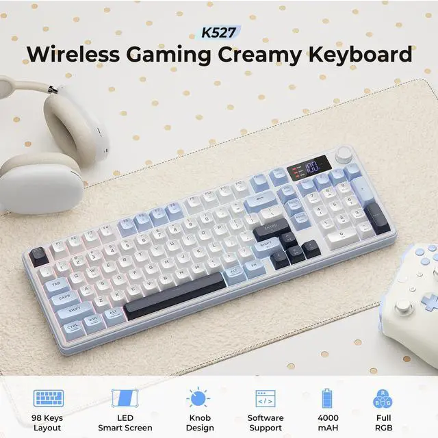 Alt view image 2 of 7 - Wireless Gaming Keyboard, 98-Key Tri-Mode (BT/2.4G/Wired) RGB Computer Keyboard with Knob & Display, Fade-Resistant PBT Keycaps & 4000mAh Battery, Compatible with Windows/Mac - White Blue