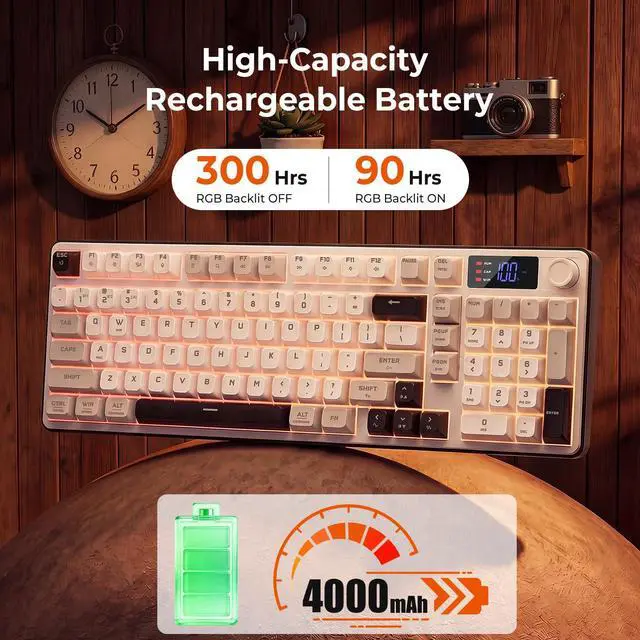 Alt view image 4 of 7 - Wireless Gaming Keyboard, 98-Key Tri-Mode (BT/2.4G/Wired) RGB Computer Keyboard with Knob & Display, Fade-Resistant PBT Keycaps & 4000mAh Battery, Compatible with Windows/Mac - White Gray