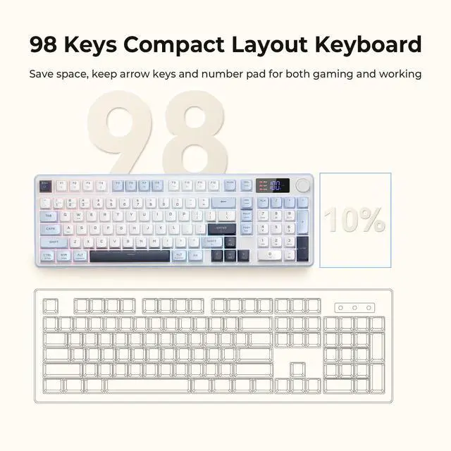 Alt view image 7 of 7 - Wireless Gaming Keyboard, 98-Key Tri-Mode (BT/2.4G/Wired) RGB Computer Keyboard with Knob & Display, Fade-Resistant PBT Keycaps & 4000mAh Battery, Compatible with Windows/Mac - White Blue