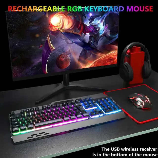 Alt view image 2 of 7 - Wireless RGB Gaming Keyboard and Mouse - Rechargeable Backlit,Long Battery Life,Metal Panel Mechanical Feel with Palm Rest,7 Color Gaming Mouse and Mouse Pad for Game and Work