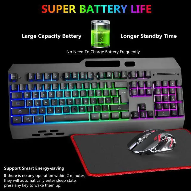Alt view image 4 of 7 - Wireless RGB Gaming Keyboard and Mouse - Rechargeable Backlit,Long Battery Life,Metal Panel Mechanical Feel with Palm Rest,7 Color Gaming Mouse and Mouse Pad for Game and Work