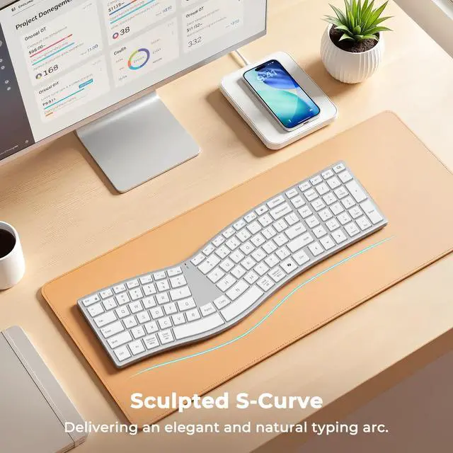 Alt view image 2 of 7 - Wireless Ergonomic Keyboard, S-Curve Design Split Keyboard, 2.4G USB-A & Dual Bluetooth Keyboards, Slim Low-Profile Keys, Type-C Rechargeable, Full-Size Layout for Windows/Mac/PC/Laptop, White