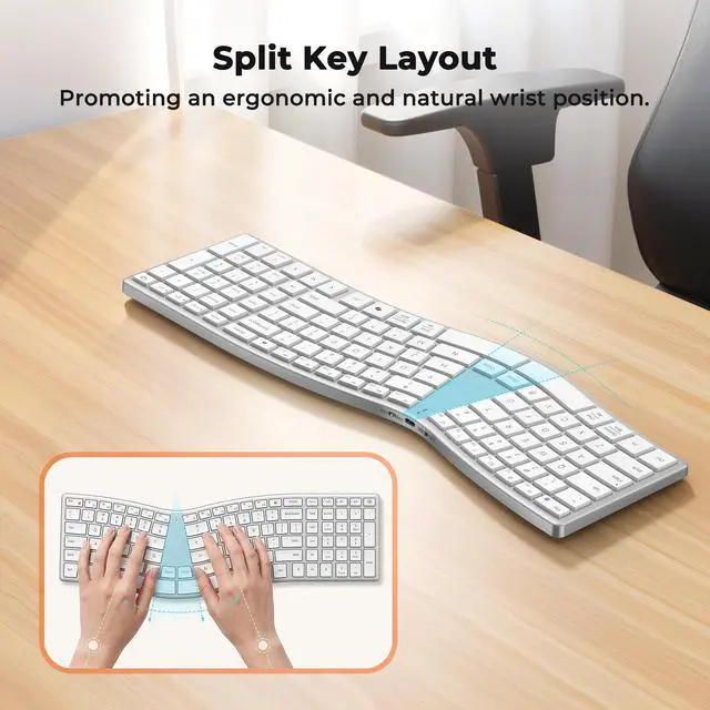 Alt view image 3 of 7 - Wireless Ergonomic Keyboard, S-Curve Design Split Keyboard, 2.4G USB-A & Dual Bluetooth Keyboards, Slim Low-Profile Keys, Type-C Rechargeable, Full-Size Layout for Windows/Mac/PC/Laptop, White