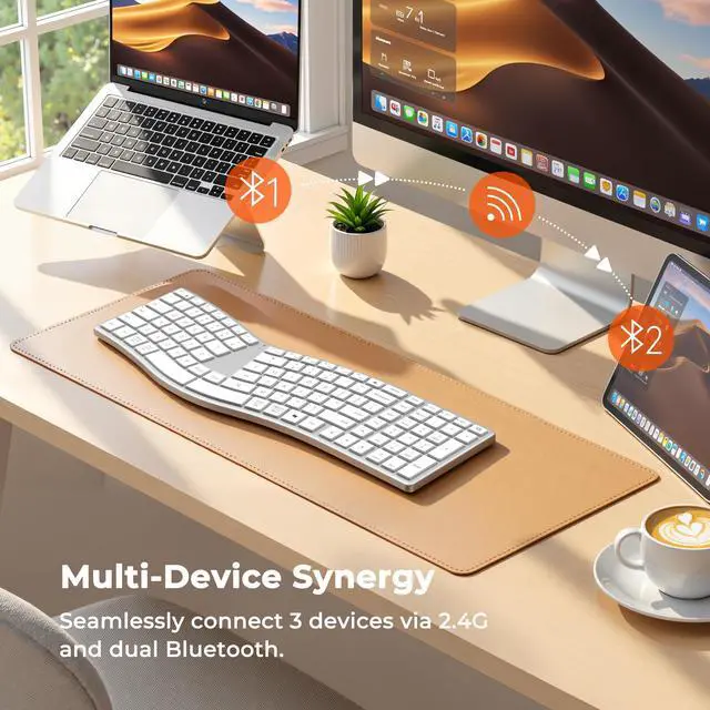 Alt view image 4 of 7 - Wireless Ergonomic Keyboard, S-Curve Design Split Keyboard, 2.4G USB-A & Dual Bluetooth Keyboards, Slim Low-Profile Keys, Type-C Rechargeable, Full-Size Layout for Windows/Mac/PC/Laptop, White