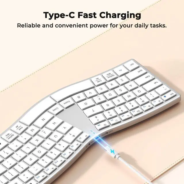 Alt view image 5 of 7 - Wireless Ergonomic Keyboard, S-Curve Design Split Keyboard, 2.4G USB-A & Dual Bluetooth Keyboards, Slim Low-Profile Keys, Type-C Rechargeable, Full-Size Layout for Windows/Mac/PC/Laptop, White