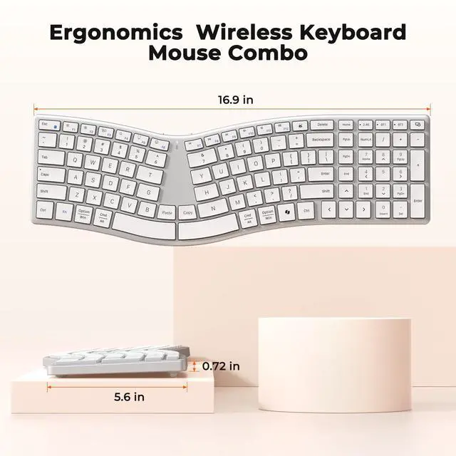 Alt view image 7 of 7 - Wireless Ergonomic Keyboard, S-Curve Design Split Keyboard, 2.4G USB-A & Dual Bluetooth Keyboards, Slim Low-Profile Keys, Type-C Rechargeable, Full-Size Layout for Windows/Mac/PC/Laptop, White