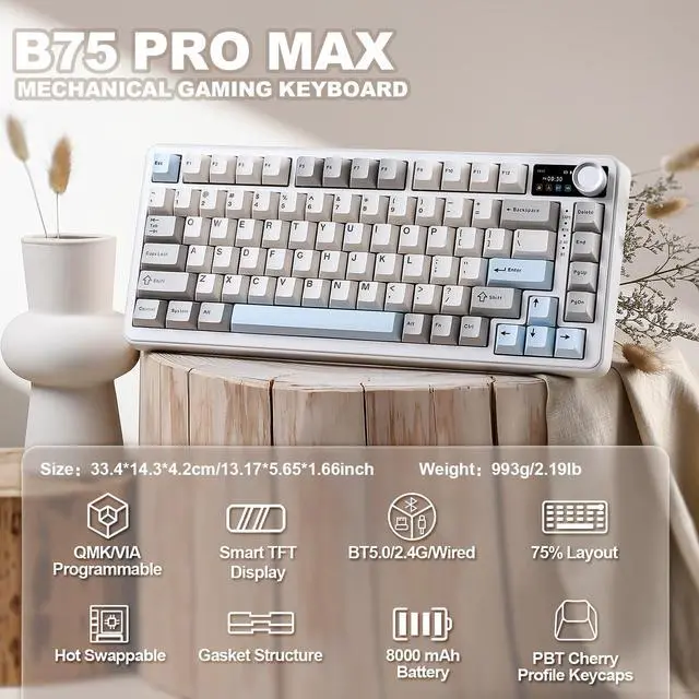 Alt view image 2 of 7 - B75 PRO MAX QMK/VIA Wireless Mechanical Keyboard,75% Layout with Screen and Knob,Custom Hot Swap Gasket,Creamy Pre-lubed Switches,Bluetooth/Type-C/2.4G for Win/Mac (Beige,Milk V2 Switch)