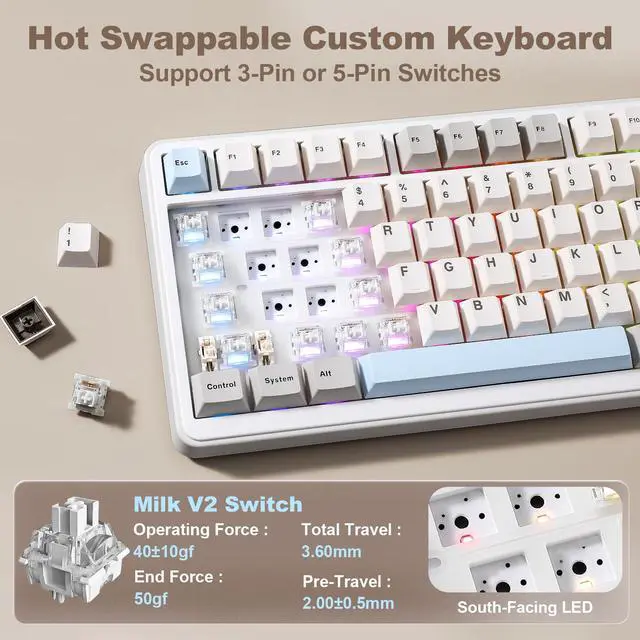 Alt view image 5 of 7 - B75 PRO MAX QMK/VIA Wireless Mechanical Keyboard,75% Layout with Screen and Knob,Custom Hot Swap Gasket,Creamy Pre-lubed Switches,Bluetooth/Type-C/2.4G for Win/Mac (Beige,Milk V2 Switch)