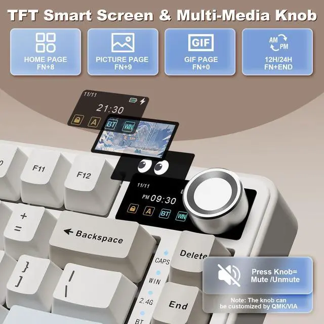 Alt view image 7 of 7 - B75 PRO MAX QMK/VIA Wireless Mechanical Keyboard,75% Layout with Screen and Knob,Custom Hot Swap Gasket,Creamy Pre-lubed Switches,Bluetooth/Type-C/2.4G for Win/Mac (Beige,Milk V2 Switch)