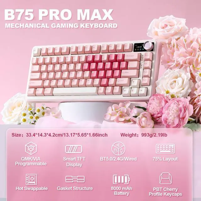 Alt view image 2 of 7 - B75 PRO MAX QMK/VIA Wireless Mechanical Keyboard,75% Layout with Screen and Knob,Custom Hot Swap Gasket,Creamy Pre-lubed Switches,Bluetooth/Type-C/2.4G for Win/Mac (Pink Heart,Milk V2 Switch)