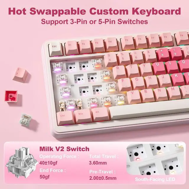 Alt view image 5 of 7 - B75 PRO MAX QMK/VIA Wireless Mechanical Keyboard,75% Layout with Screen and Knob,Custom Hot Swap Gasket,Creamy Pre-lubed Switches,Bluetooth/Type-C/2.4G for Win/Mac (Pink Heart,Milk V2 Switch)