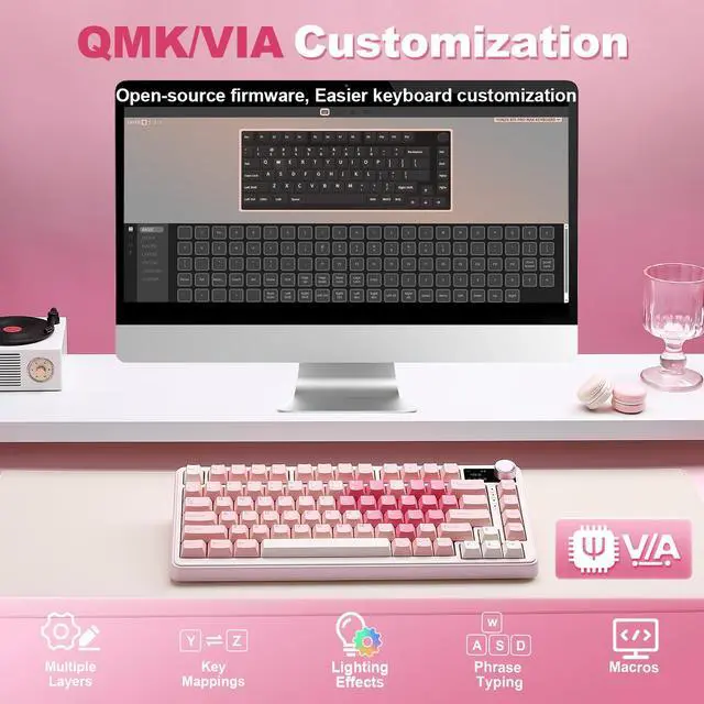 Alt view image 6 of 7 - B75 PRO MAX QMK/VIA Wireless Mechanical Keyboard,75% Layout with Screen and Knob,Custom Hot Swap Gasket,Creamy Pre-lubed Switches,Bluetooth/Type-C/2.4G for Win/Mac (Pink Heart,Milk V2 Switch)