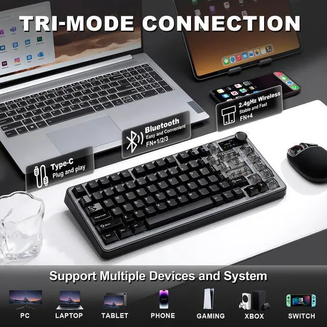 Alt view image 3 of 7 - B75 PRO MAX QMK/VIA Wireless Mechanical Keyboard,75% Layout with Screen and Knob,Custom Hot Swap Gasket,Creamy Pre-lubed Switches,Bluetooth/Type-C/2.4G for Win/Mac (Black,Milk V2 Switch)
