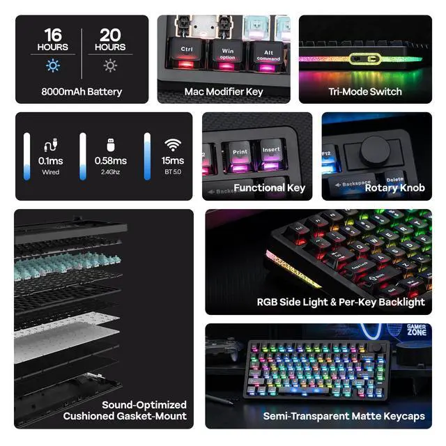Alt view image 2 of 7 - HE75 V2 Hall Effect Gaming Keyboard, 8K Polling & 0.1ms, 8000mAh & 2.4Ghz/BT, Hot Swap Key & Knob, 0.005mm Adjustable Actuation, Rapid Triggering, Creamy & Thocky (Black)