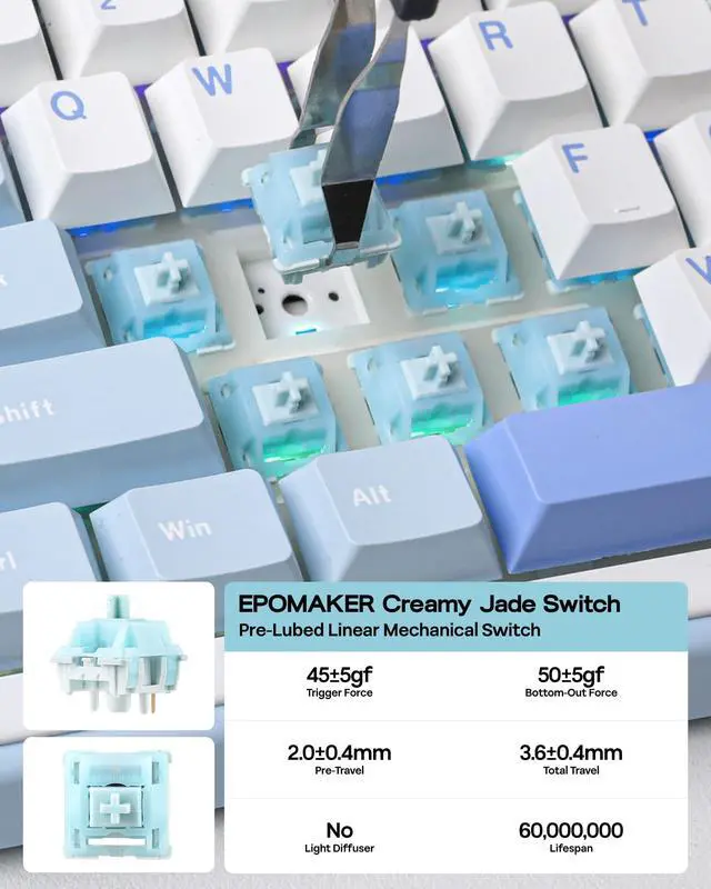Alt view image 6 of 7 - TH99 Tri-Mode Wireless Mechanical Keyboard with 8000mAh Battery, Hot Swappable Custom RGB Gaming Keyboard with Numpad, Gasket Creamy for PC/Mac/Office (Blue&White, Creamy Jade)