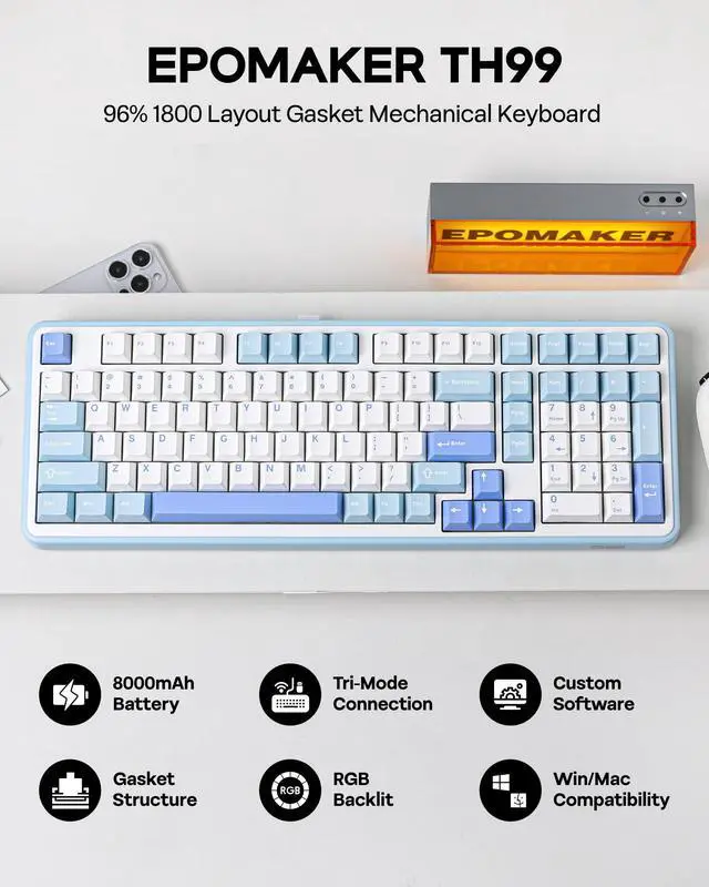 Alt view image 2 of 7 - TH99 Tri-Mode Wireless Mechanical Keyboard with 8000mAh Battery, Hot Swappable Custom RGB Gaming Keyboard with Numpad, Gasket Creamy for PC/Mac/Office (Blue&White, Creamy Jade)