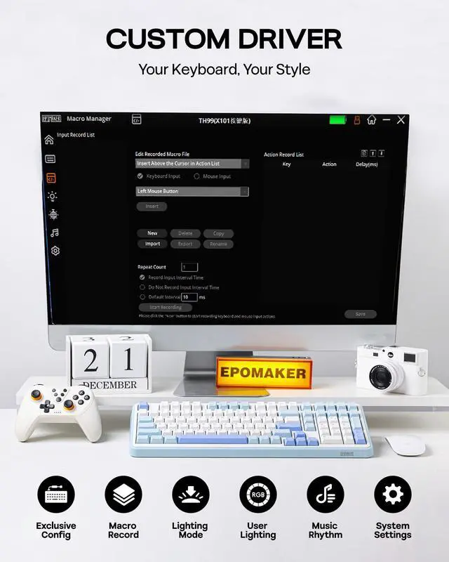 Alt view image 7 of 7 - TH99 Tri-Mode Wireless Mechanical Keyboard with 8000mAh Battery, Hot Swappable Custom RGB Gaming Keyboard with Numpad, Gasket Creamy for PC/Mac/Office (Blue&White, Creamy Jade)