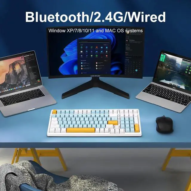 Alt view image 4 of 6 - Wireless Mechanical Keyboard, Triple Mode 2.4G/USB-C/BT Gaming Keyboards 100 Keys Ice-Blue Backlit, Red Switch Keyboard | Rechargeable Mechanical Gaming Keyboards | Ice Blue/W/Y