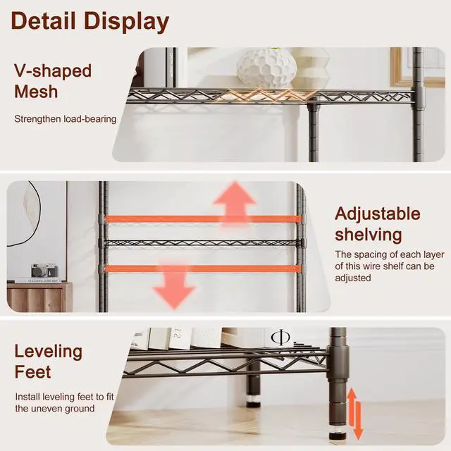Alt view image 4 of 7 - 4-Tier Wire Storage Shelves | 36x14x54 | Black | with Adjustable Racks | Heavy-Duty Metal Shelf, Holds Upto 1000 lbs | No-Tool Assembly | Ideal for Home & Garage Shelving