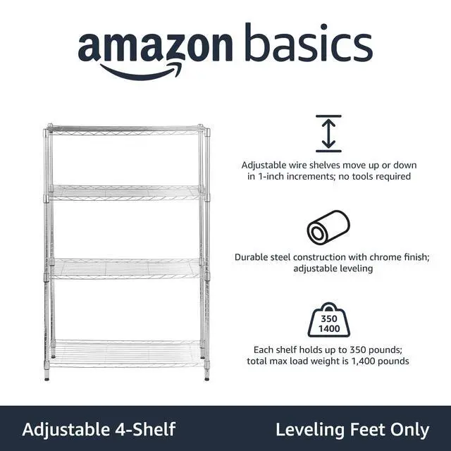 Alt view image 2 of 4 - 4-Shelf Adjustable Heavy Duty Steel Wire Rack Storage Shelving Unit for Kitchen, Garage, Easy Assembly, 350 lbs Per Shelf, 36" x 14" x 54", Chrome Silver