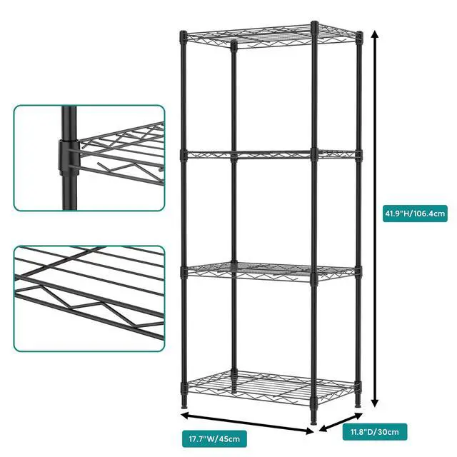 Alt view image 3 of 7 - 4 Tier Metal Wire Shelf Unit, Black Storage Rack Organizer for Kitchen, Bedroom, Living Room or Laundry Room, 17.7" W x 11.8" D x 41.9" H