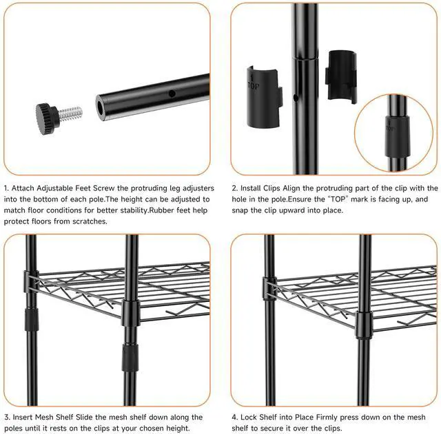 Alt view image 5 of 7 - 4 Tier Metal Wire Shelf Unit, Black Storage Rack Organizer for Kitchen, Bedroom, Living Room or Laundry Room, 17.7" W x 11.8" D x 41.9" H
