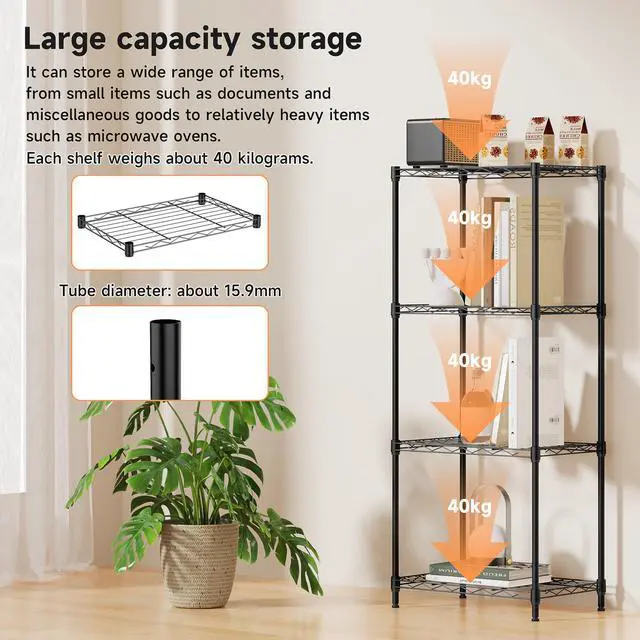 Alt view image 4 of 7 - 4 Tier Metal Wire Shelf Unit, Black Storage Rack Organizer for Kitchen, Bedroom, Living Room or Laundry Room, 17.7" W x 11.8" D x 41.9" H