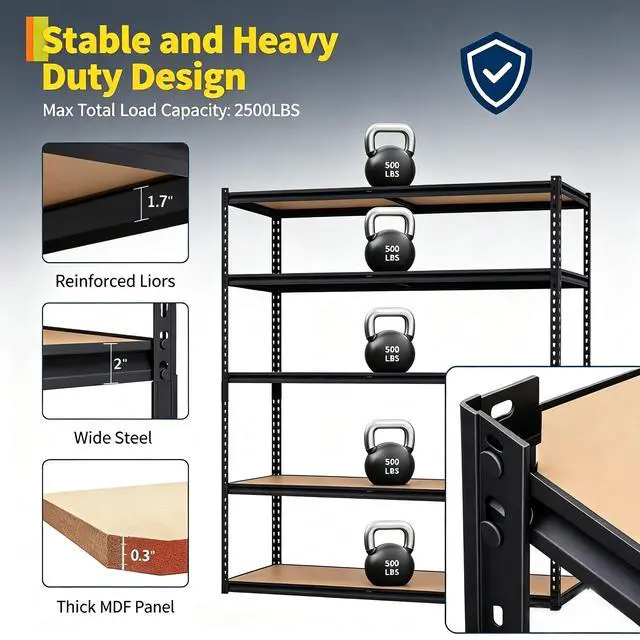Alt view image 3 of 7 - Heavy Duty Garage Storage Shelves, 5-Tier Metal Adjustable Shelving Unit, Storage Shelving with 2500 LBS Capacity for Kitchen Pantry Basement Bathroom Laundry, 36" l x 18" w x 72" h