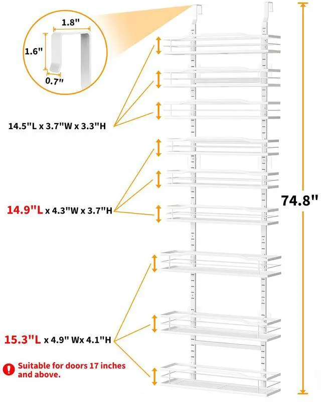 Alt view image 2 of 7 - White 9-Tier Over The Door Pantry Organizer, Pantry Organization And Storage, Metal Hanging Spice Rack Shelves Door, Home & Kitchen Essentials, Laundry Room Bathroom Organization