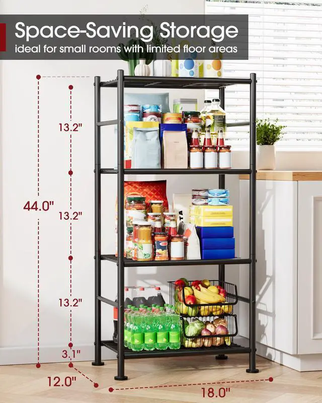 Alt view image 2 of 7 - Storage Shelves - 4 Tier Shelf Organizer, Sturdy Metal Garage Shelving with Adjustable Leveling Feet, Space-Saving Shelves Organizer for Pantry, Laundry, Kitchen (18" x 12" x 44", Black)