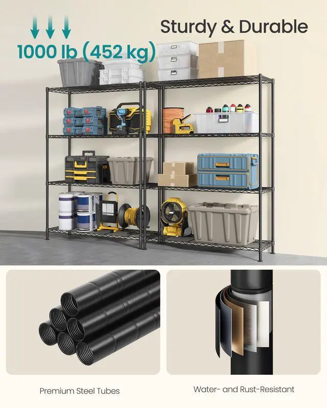 Alt view image 3 of 6 - Storage Shelf, Metal Wire Shelving Unit, Adjustable Shelves, for Garage, Bedroom, Living Room, Kitchen, Pantry, 4 Tier, 11.8 x 35.4 x 47.6 Inches, Ink Black ULGR194BH01S