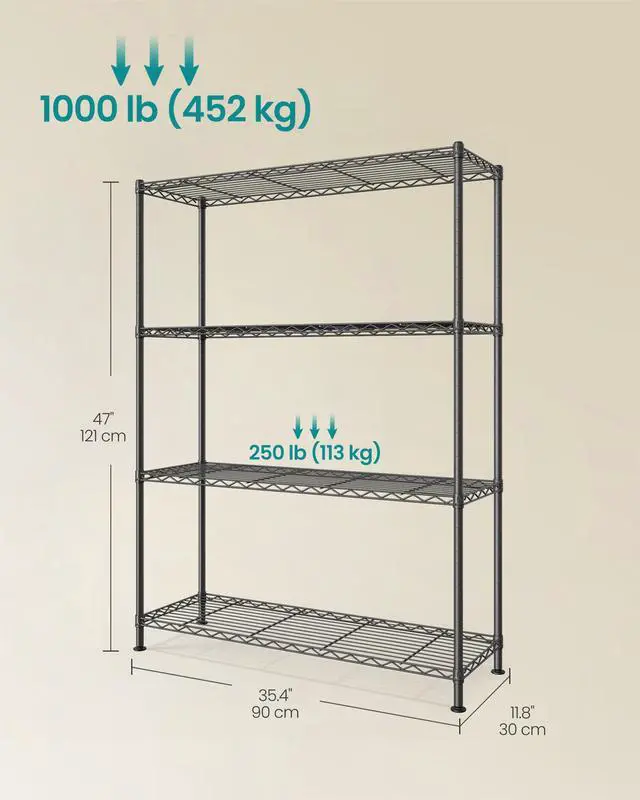 Alt view image 5 of 6 - Storage Shelf, Metal Wire Shelving Unit, Adjustable Shelves, for Garage, Bedroom, Living Room, Kitchen, Pantry, 4 Tier, 11.8 x 35.4 x 47.6 Inches, Ink Black ULGR194BH01S